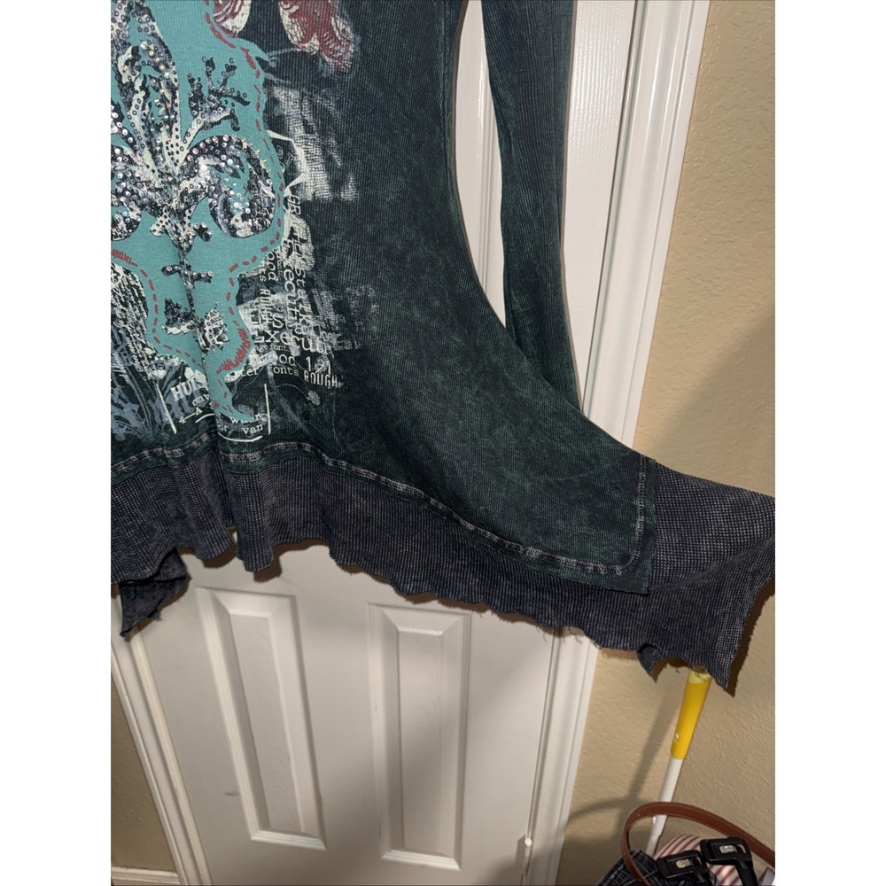 Vintage Women's Lust Embelished Dark Green Long Sleeve Tunic Y2K Grunge Fairy - Picture 3 of 10